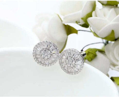 Baguette 18K White Gold Plated Round Cut Cubic Zircon Men Women Cluster Earrings